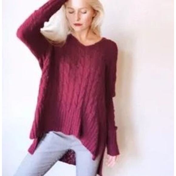 Altar'd State Rasberry Red Oversized Chunky V-Neck Knit Hi-Low Tunic Sweater - Picture 1 of 9